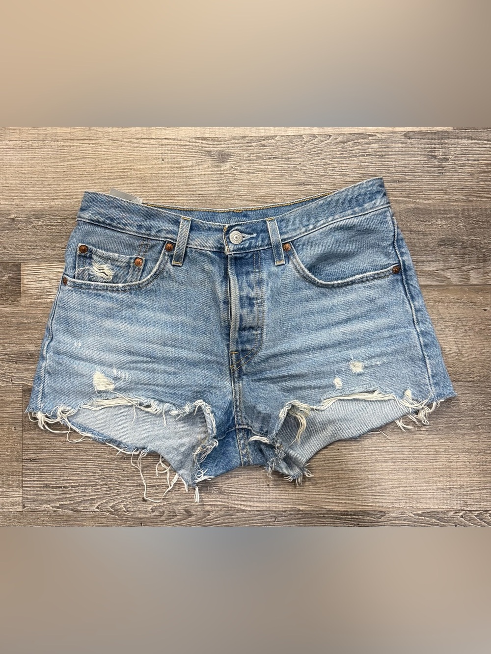 Levi's 501 Light Blue Frayed Hem Denim Shorts